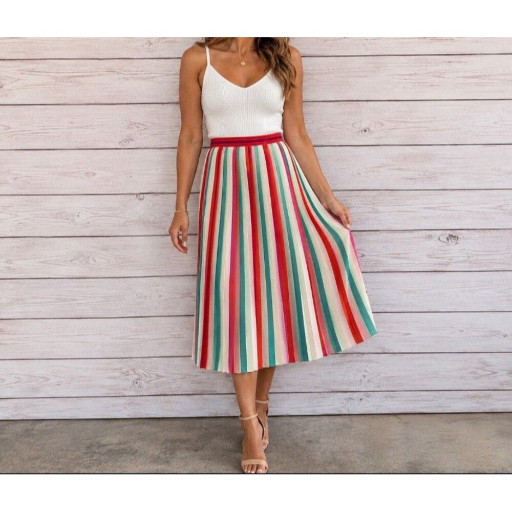J Crew Sunburst Pleated Skirt Womens 6 Multicolor Watermelon Stripe Back Zip A4